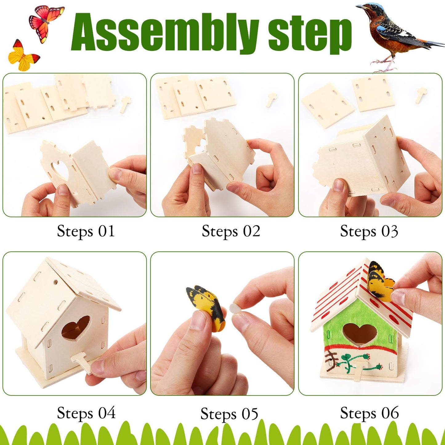 Outus 24 Pcs Wooden DIY Birdhouse Kits for Kids to Build, 4 Shapes Birdhouse Kit Wooden Unfinished with Butterfly Sticker for Boy Girl Arts Crafts(Lovely)