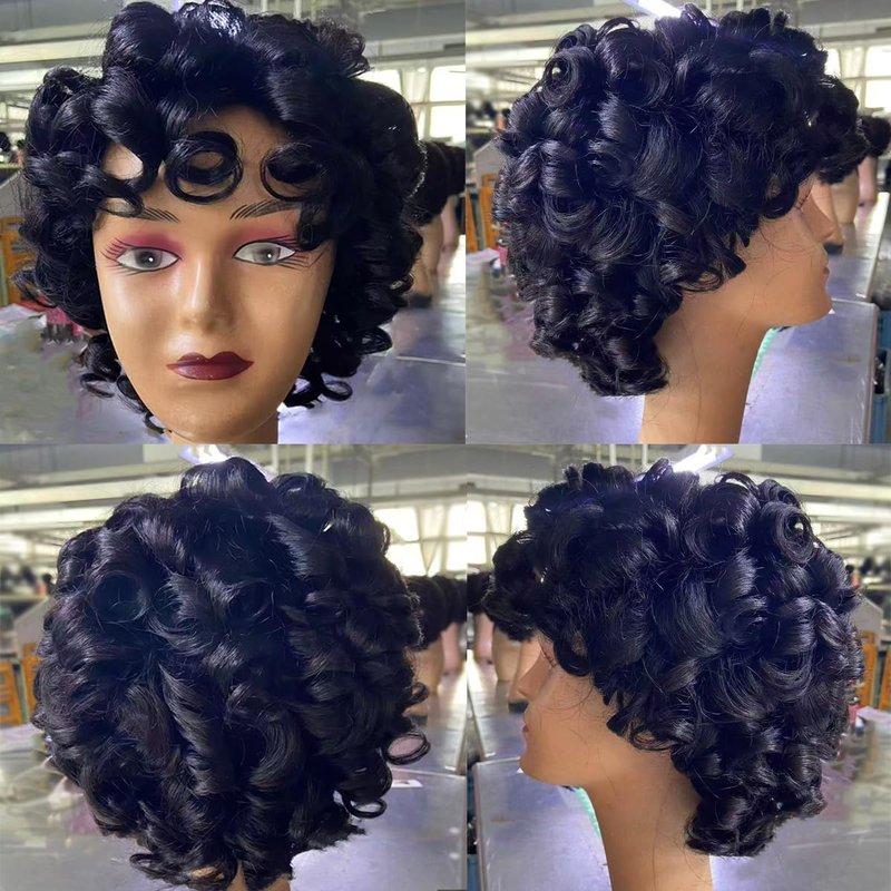 PECWU Short Curly Wigs With Bangs 100 percent Human Hair for Black Women Glueless Pelucas De Mujer Pelo Humano Funmi Curly Bob Human Hair Wig Natural Loose Wig Afro Curly Wig Bouncy Wig 10"