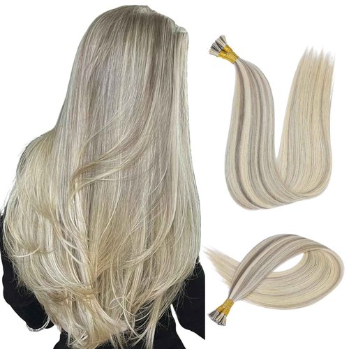 MioYio I Tip Hair Extensions Human Hair 30G/Pack Human Hair Itip Human Hair Extensions #16/60 Pre Bonded Extensions Long Straight Highlight Blonde 22Inch