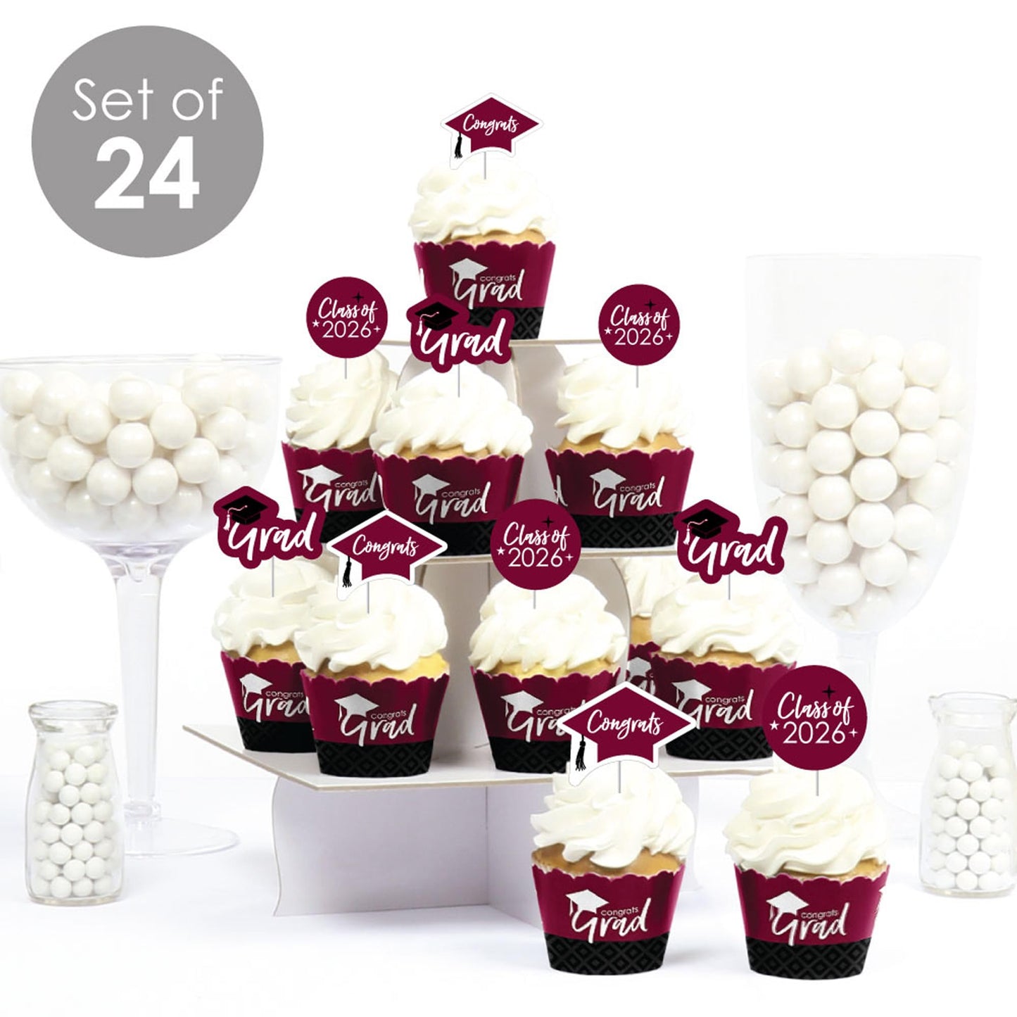 Big Dot of Happiness 2026 Maroon Graduation Cupcake Decoration - Party Cupcake Wrappers and Treat Picks Kit - Set of 24