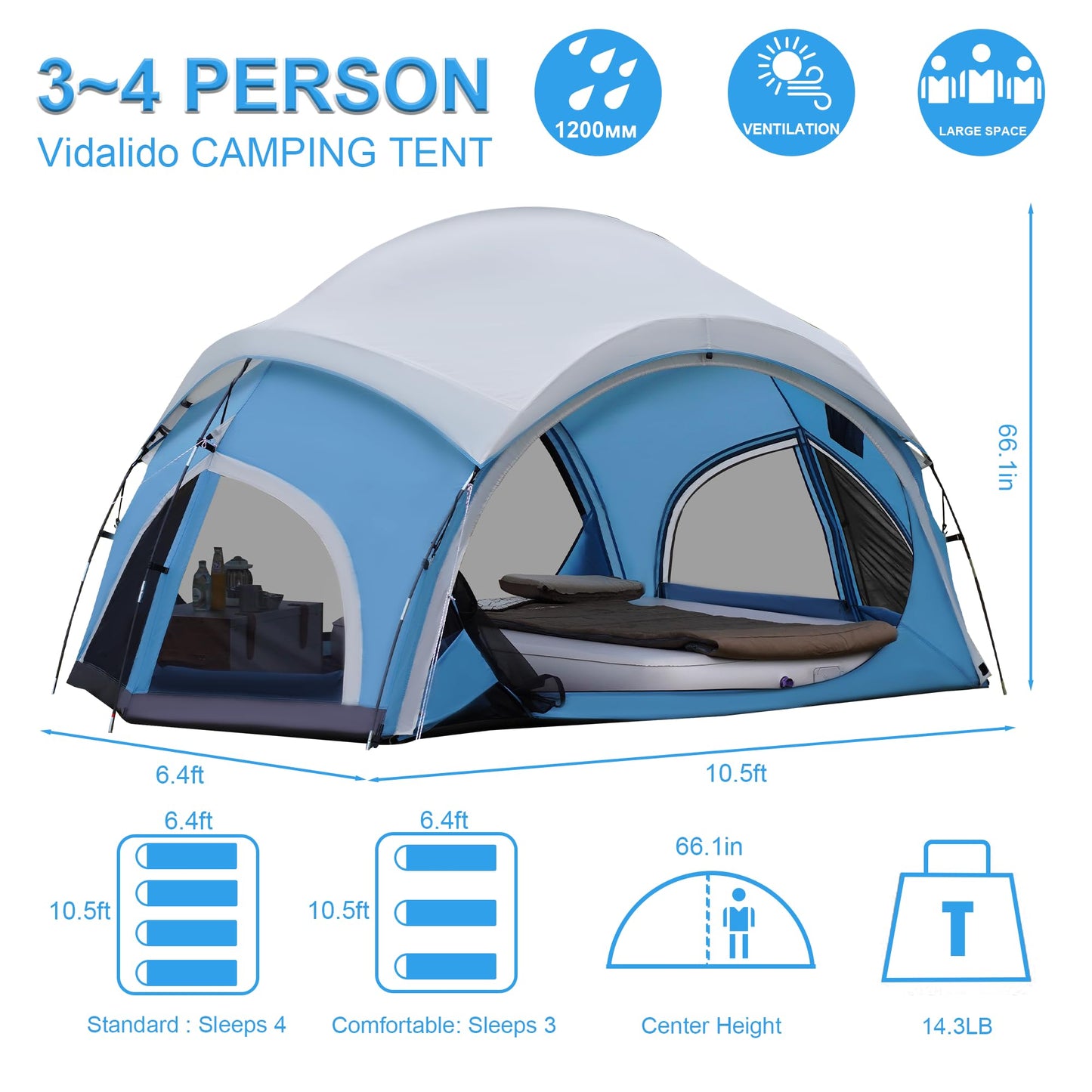 Vidalido 3-4 Person Camping Tent with 2 Large Mesh Door 4 Mesh Window Family Tents, Double Layer Waterproof Portable Easy Setup Camp Tent, Canvas Dome Tents for Camping Outdoor Hiking and Backpacking