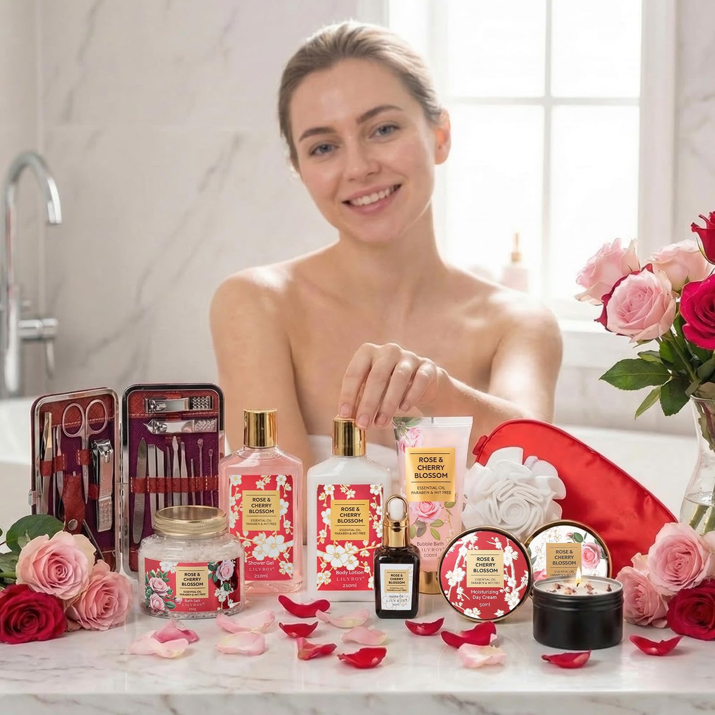 Gifts for Women, Spa Gift Set for Women - Rose Bath and Body Gift Set Beauty Skin Care Spa Kit with Shower Gel | Bath Kit, Valentines Day, Birthday, Christmas, Mothers Day Gift for Mom