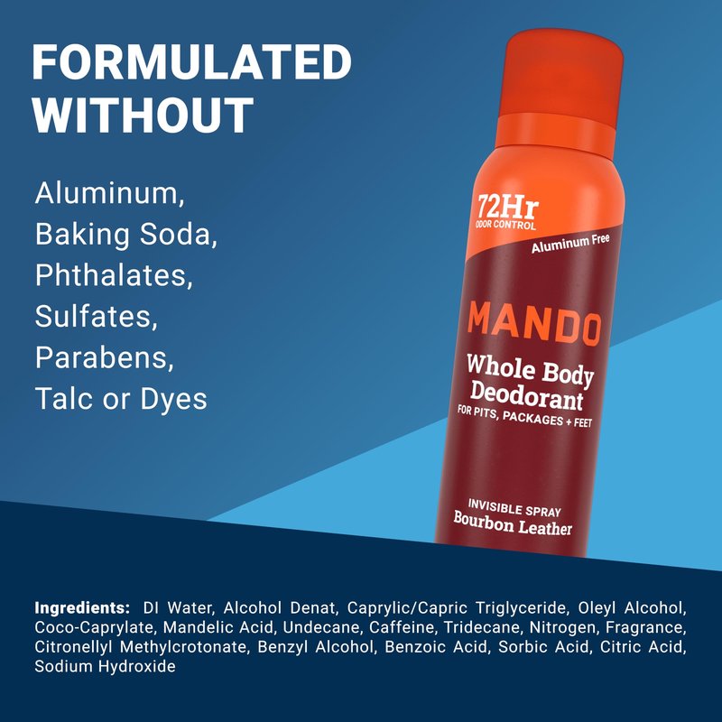 Mando Whole Body Deodorant For Men - Invisible Spray Deodorant - 72 Hour Odor Control - Low Irritation Formula - Aluminum Free, Benzene Free - 3.6 ounce Cans (Pack of 2) - Bourbon Leather