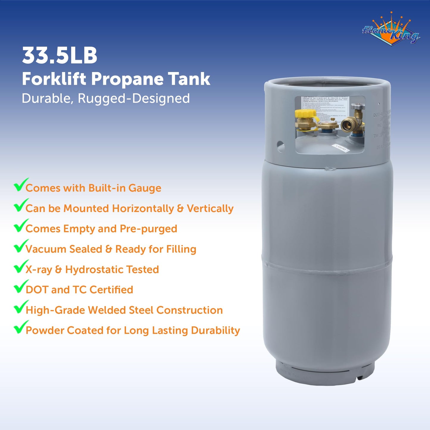 Flame King YSN335 - 33.5LB Steel Forklift Propane Tank Cylinder with Built-in Gauge, Gray