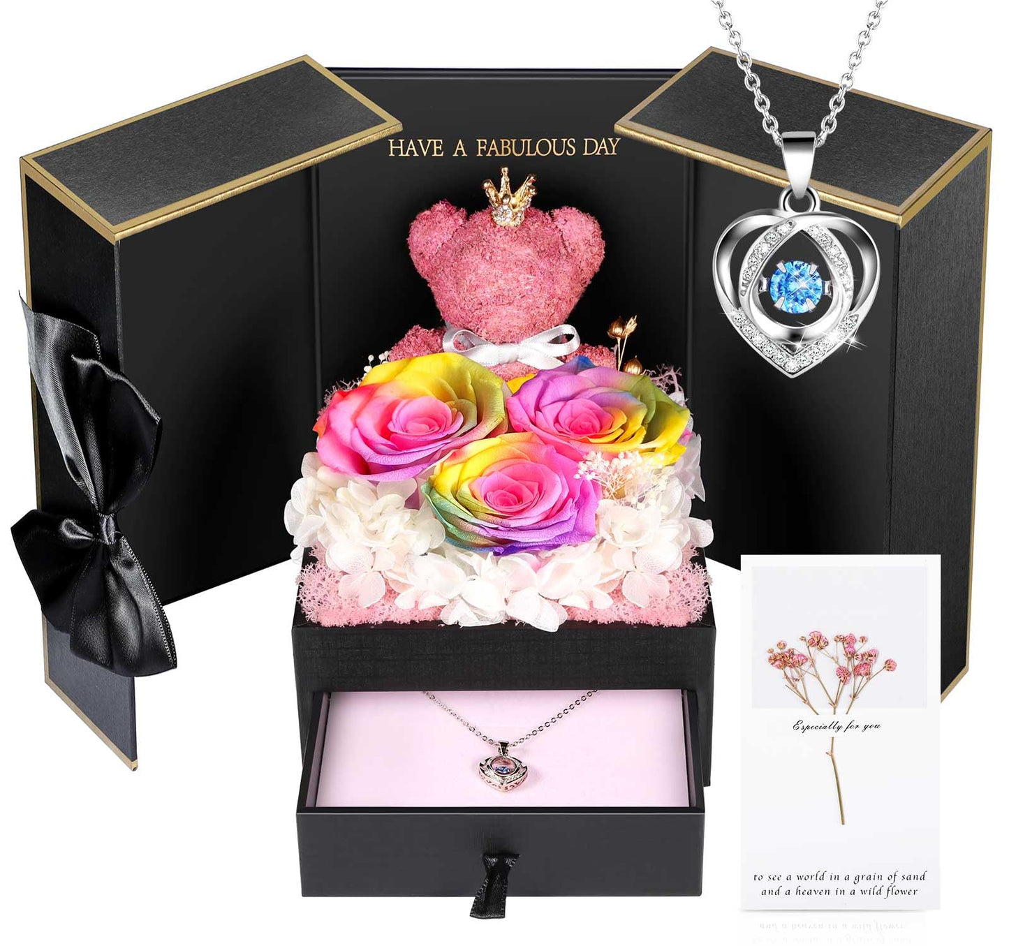 ADDWel Preserved Real Rainbow Rose with Sterling Silver Necklace Gift Set - Romantic for Wife, Girlfriend - Eternal Flowers Gifts for Anniversary, Birthday
