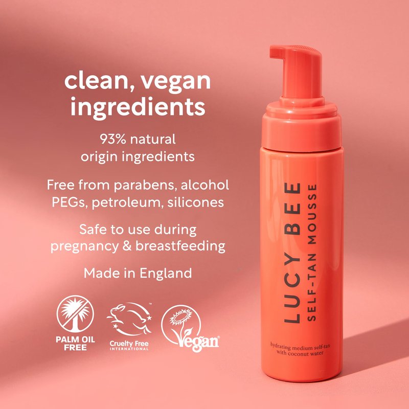 Lucy Bee Self Tan Mousse, Customizable Medium Self Tanning Foam, Natural Looking Tan, Quick-Drying, Dermatologist Approved for Sensitive Skin, Hydrating Coconut Water, Tropical Scent, 6.76 fl oz