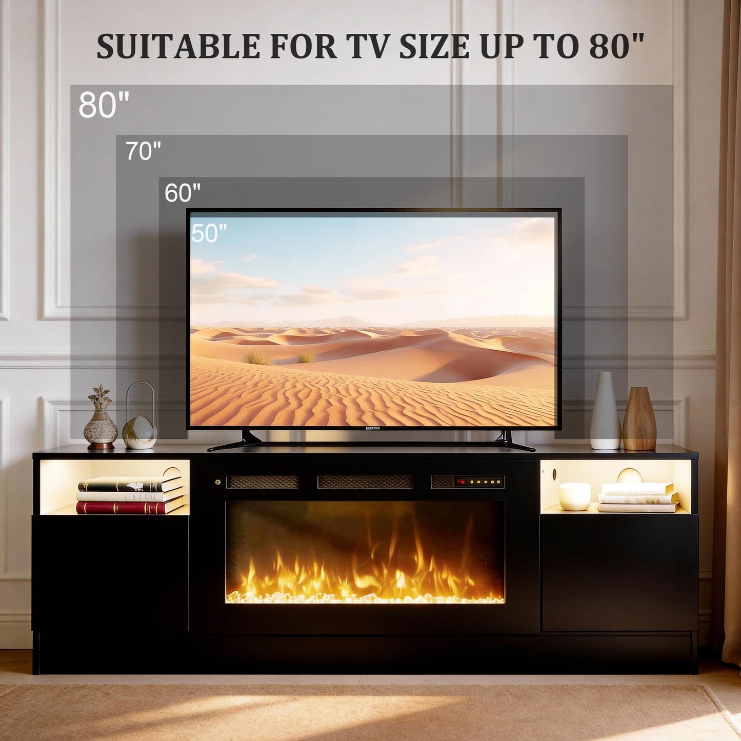 OneBlis 70" Fireplace TV Stand for TVs Up to 80",Entertainment Center with 36” Electric Fireplace and 12 Colors LED Lights,Large TV Console with Storage Cabinet for Living Room,All Black