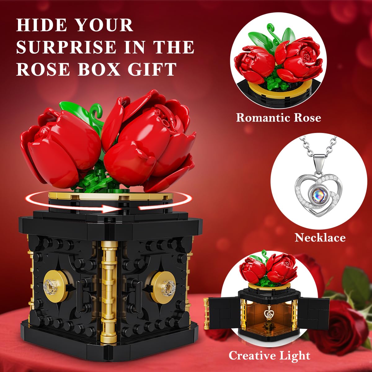 HOGOKIDS Flowers Box Building Set with LED & Necklace, for Mom/Wife, 312PCS Preserved Rose with Heart Necklace for Adults Women on Birthday Anniversary, I Love You in 100 Languages