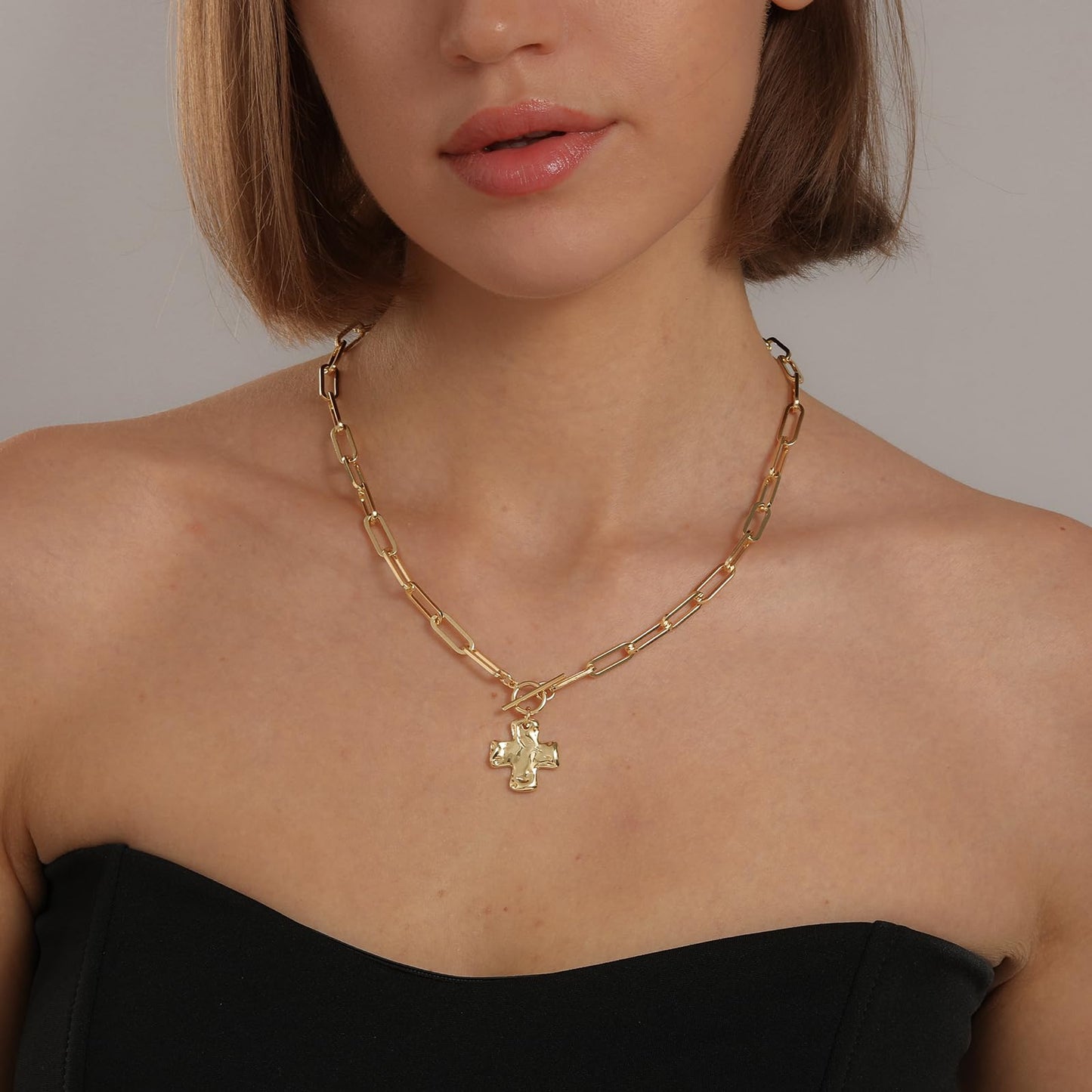 Bheop Chunky Cross Necklace for Women Trendy 14K Real Gold Plated Statement Cross Pendant Charm Necklace Toggle Clasp Long Big Paperclip Faith Chain Costume Jewelry Gift Non Tarnish 2CM