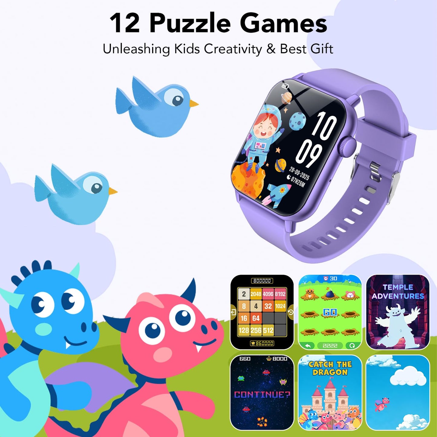 taopodo Kids Smart Watch with HD Touch Screen, IP68 Waterproof, Smart Watch for Kids with Puzzle Games, Step Counter, Heart Rate, Sleep Monitor, Flashlight, Music Player,Gift for Girls 8-12 (Purple)