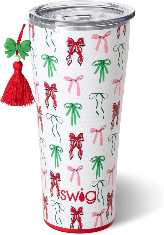 Swig Life 32oz Insulated Tumbler, Travel Coffee Tumbler with Lid, Cup Holder Friendly Travel Coffee Mug, Stainless Steel (Ribbons and Bows)