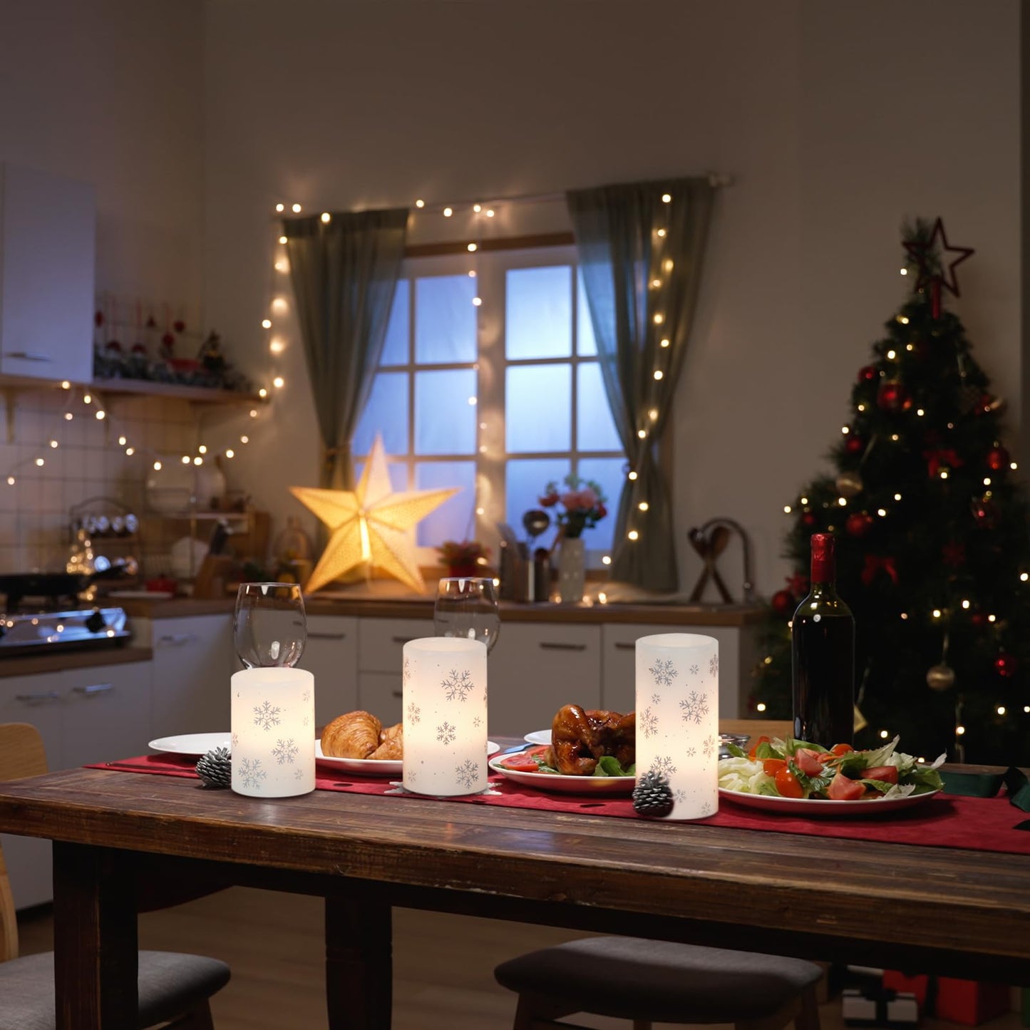 Lasumora Snowflake Christmas Candles with 6H Timer, Battery Operated Candles, Real Wax Flameless LED Candle Pillar for Home Décor Christmas Decorations Gifts, 3x4/5/6 inches