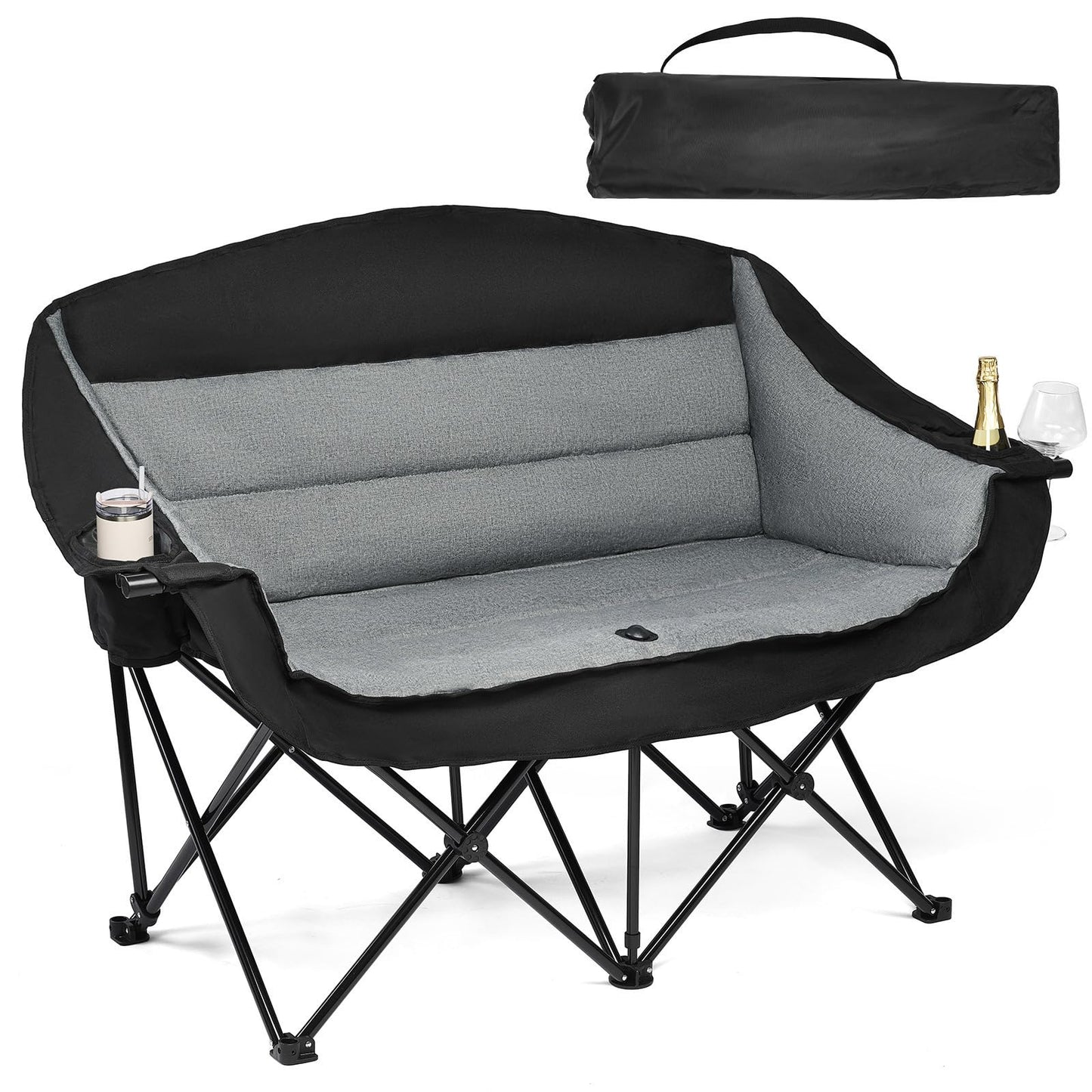 Double Camping Chair Loveseat - 2 Person Oversized Camping Couch for Adults Padded Heavy Duty Outdoor Lawn Beach Portable Folding Chairs with Cup Holders and Carry Bag Support 600lbs, Black/Grey