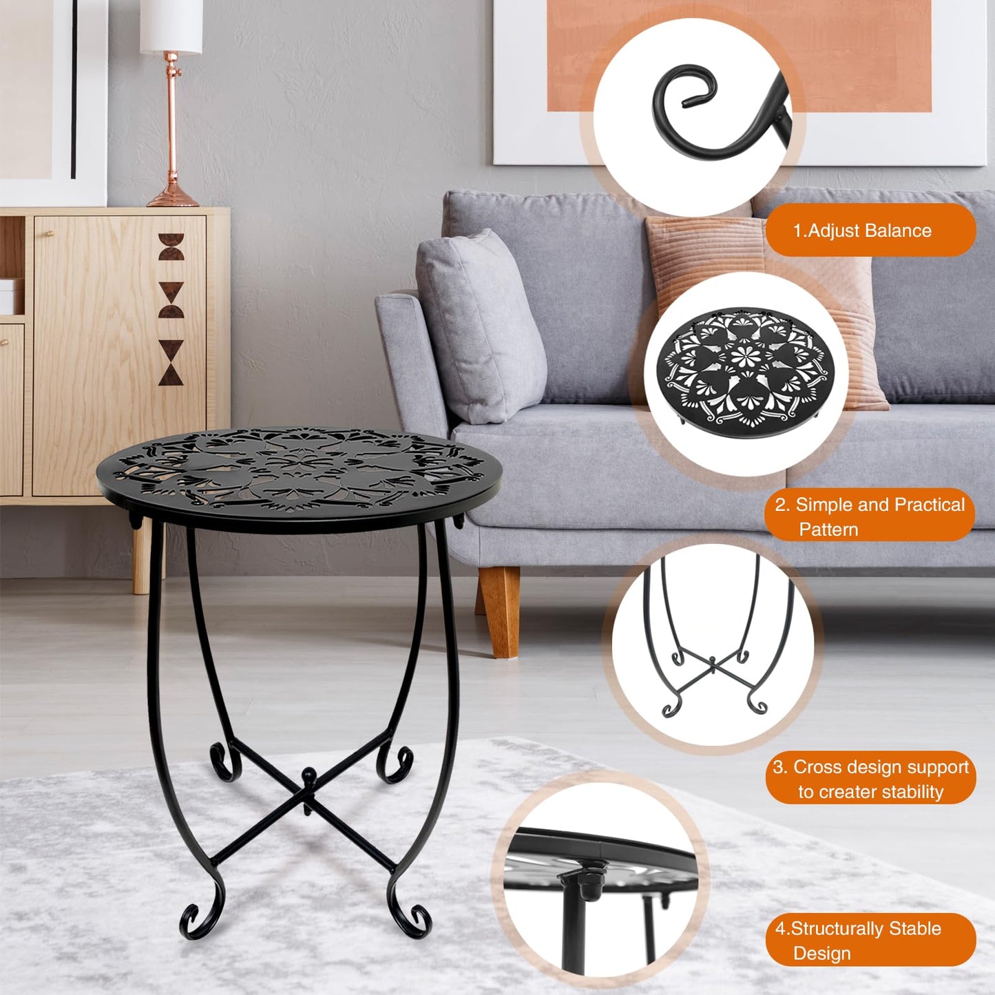 Fashion&cool Outdoor Side Tables, 14 Inch Rust-Resistant Metal Side Table for Outdoor, Round End Table Side Table for Patio Yard Porch Balcony Garden Bedside, Plant Stand (Black)