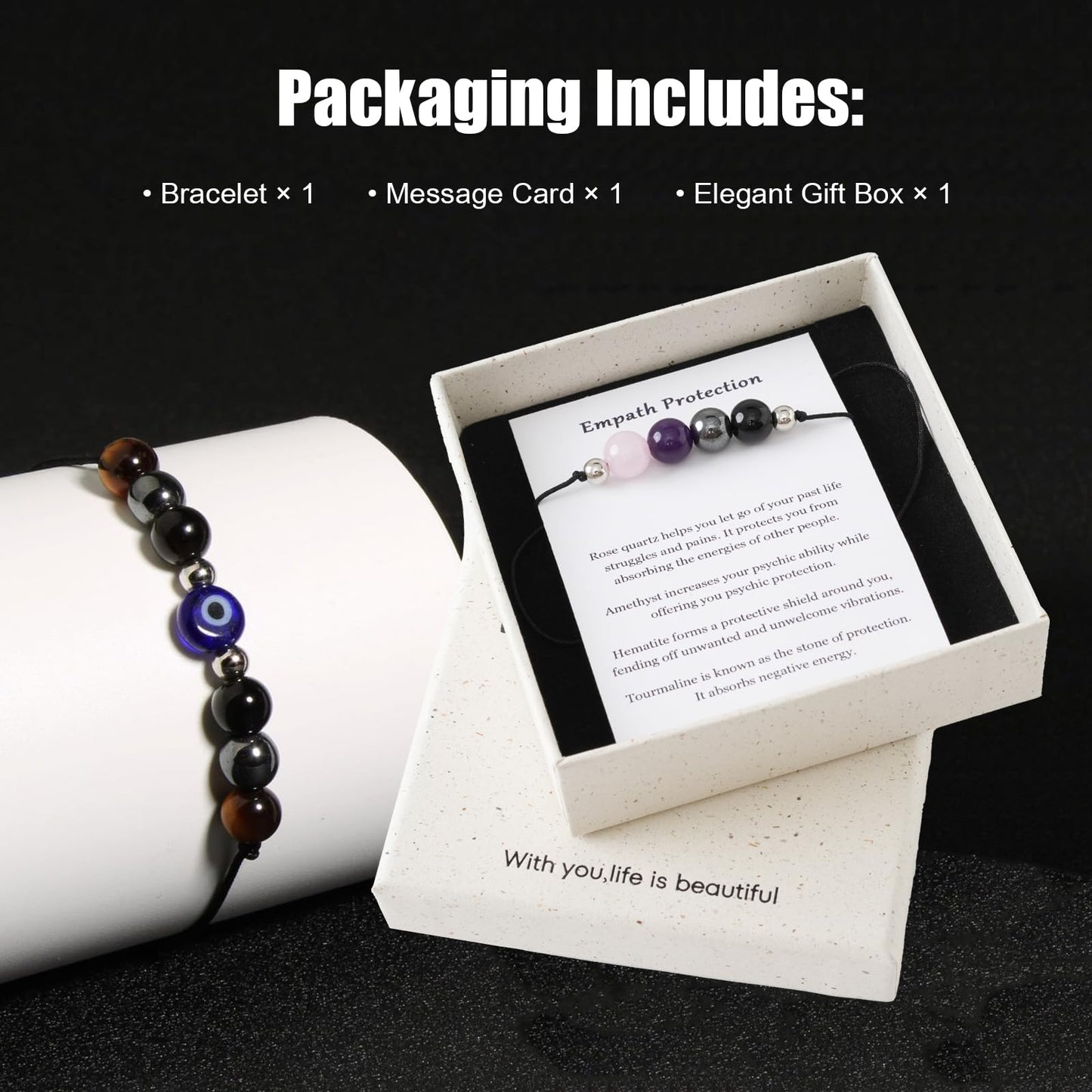 PNNY AMDA Protection Bracelets for Women: Black Obsidian Tourmaline Hematite Evil Eye Beaded Bracelets – Anxiety Bracelet for Women Men Courage Gifts
