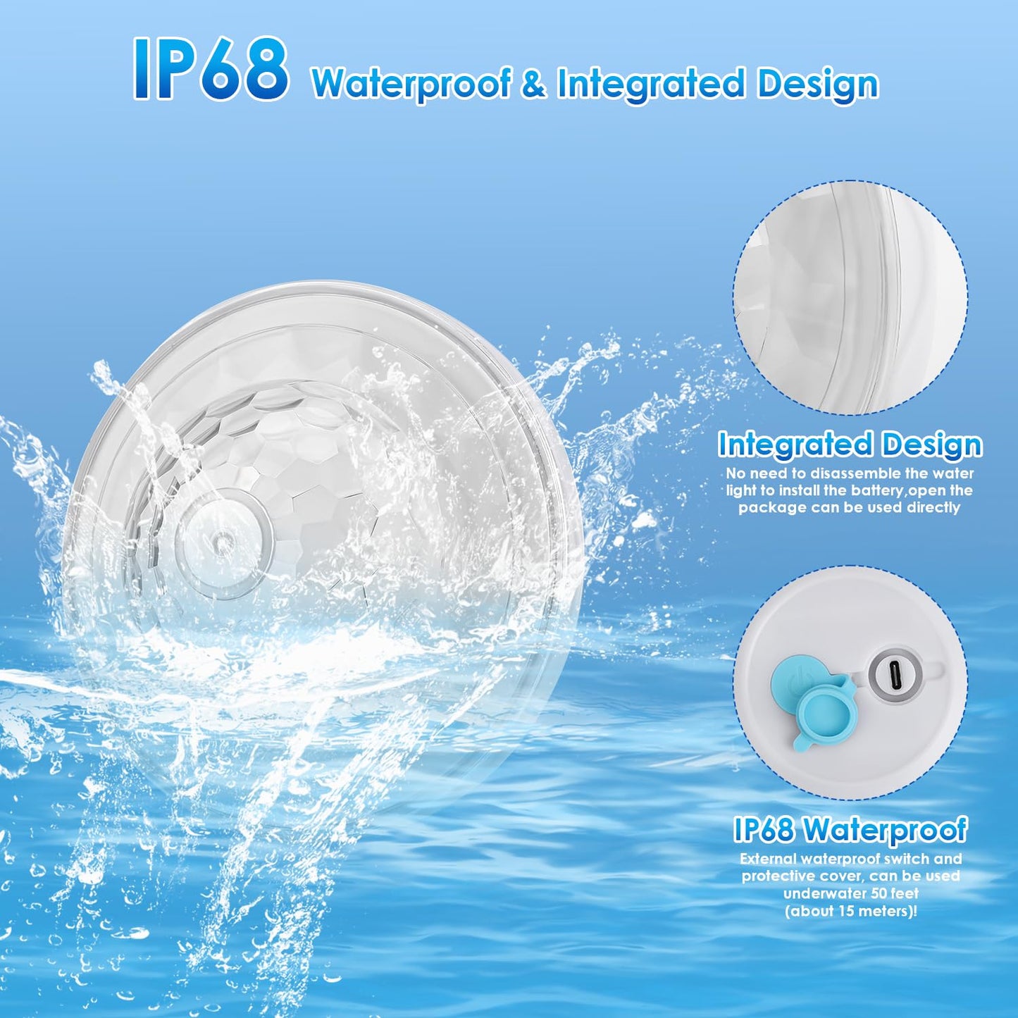 QOLNBY Floating Pool Lights(1 Pack), Rechargeable Pool Lights with 6 Dynamic Lighting Effects, Upper and Lower Color Changing Floating Light, IP68 Waterproof Lights for Pools, Hot Tubs, Fountain