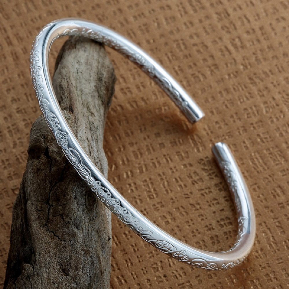 Merdia 999 Solid Sterling Silver Bangle Cuff Bracelets Flower Carved for Women's | Sterling Silver Bracelet | Silver Jewelry | Silver Bracelets for Women | Jewelry for Women