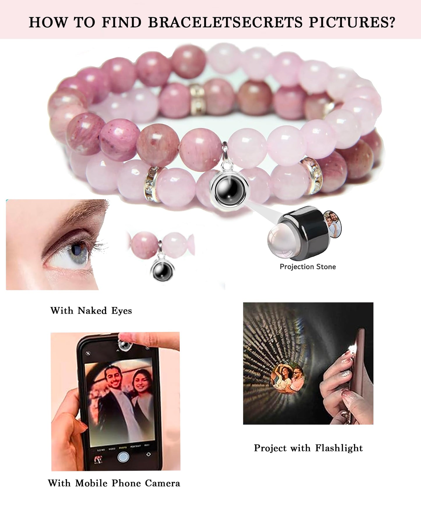 GDLKPYHS Picture Bracelet Personalized Photo - Healing Bracelets for Women - Rose Quartz Bracelet - Healing Prayers Crystal- Mothers Day Gifts Birthday Gifts For Women Bracelets With Photos