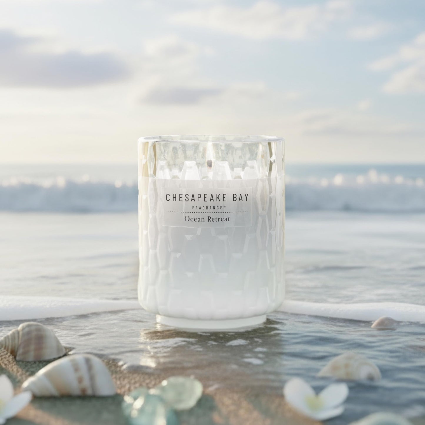 Chesapeake Bay, 8oz Ocean Retreat Scented Candle, Mood Evoking Fragrance, Textured Sea Glass-Inspired Jar, Premium Soy Blend Wax with Essential Oils, Coastal Fragrance for Home Décor or Gifting