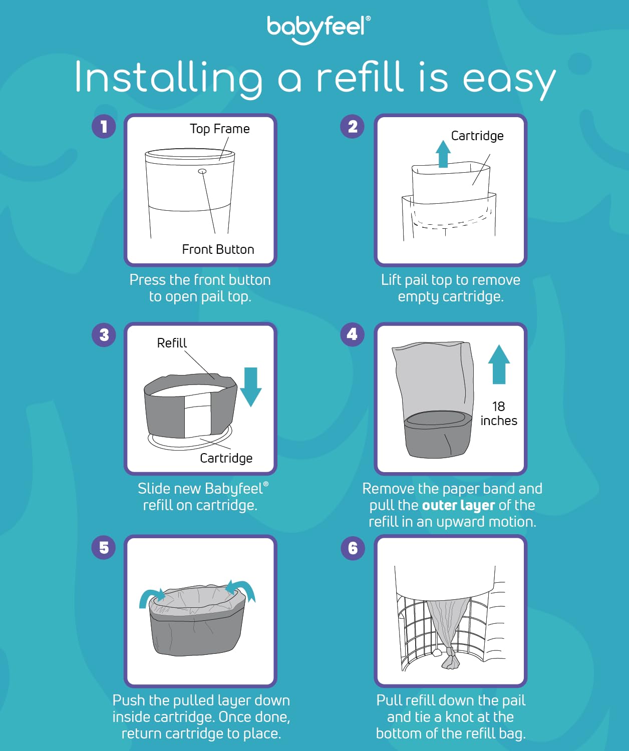 Babyfeel Refills Compatible with DEKOR PLUS Diaper Pails | 4 Pack | Exclusive 30% Extra Thickness | Diaper Pail Refills with Powerful Odor Elimination | Fresh Powder Scent | Holds up to 2320 Diapers