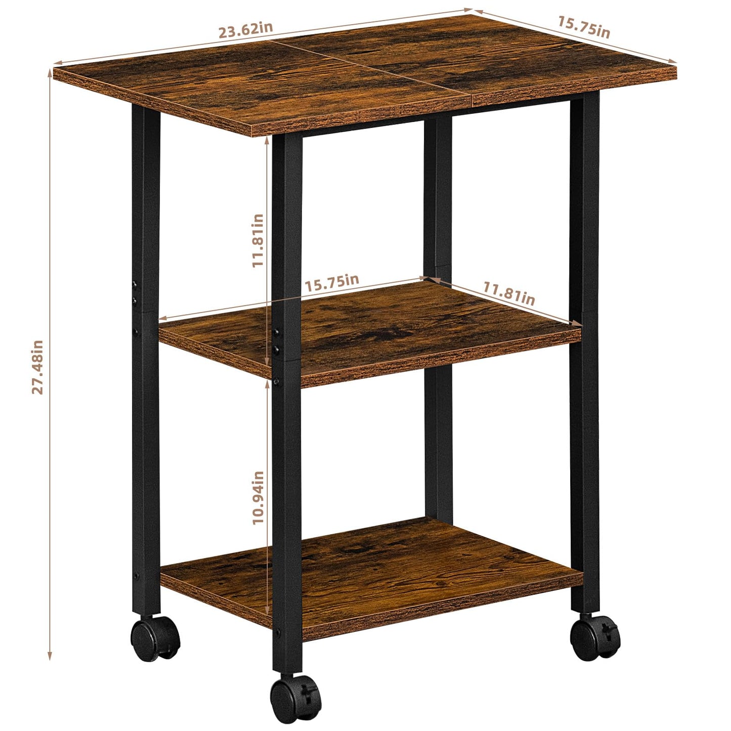 Lerliuo 3-Tier Printer Stand, Industrial Mobile Printer Table with Storage Shelf and Steel Frame, Rolling Printer Cart Holder with Lockable Wheels for Home, Office (Brown)