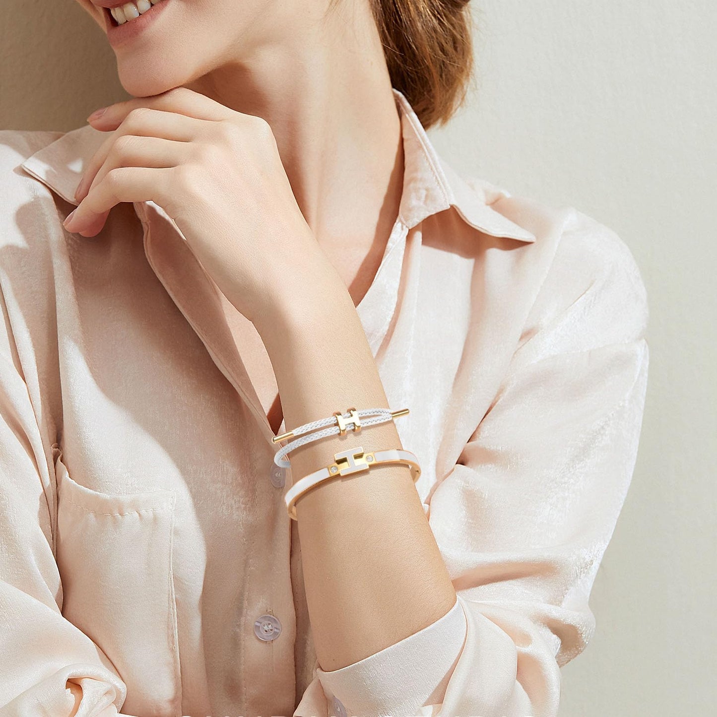 Hothink H Bracelets for Women,H Bangle and H Wire Rope Bracelet Set,Dainty 18K Gold Plated Bracelets Set for Christmas Mothers Day Gifts for Women (Gold-White)
