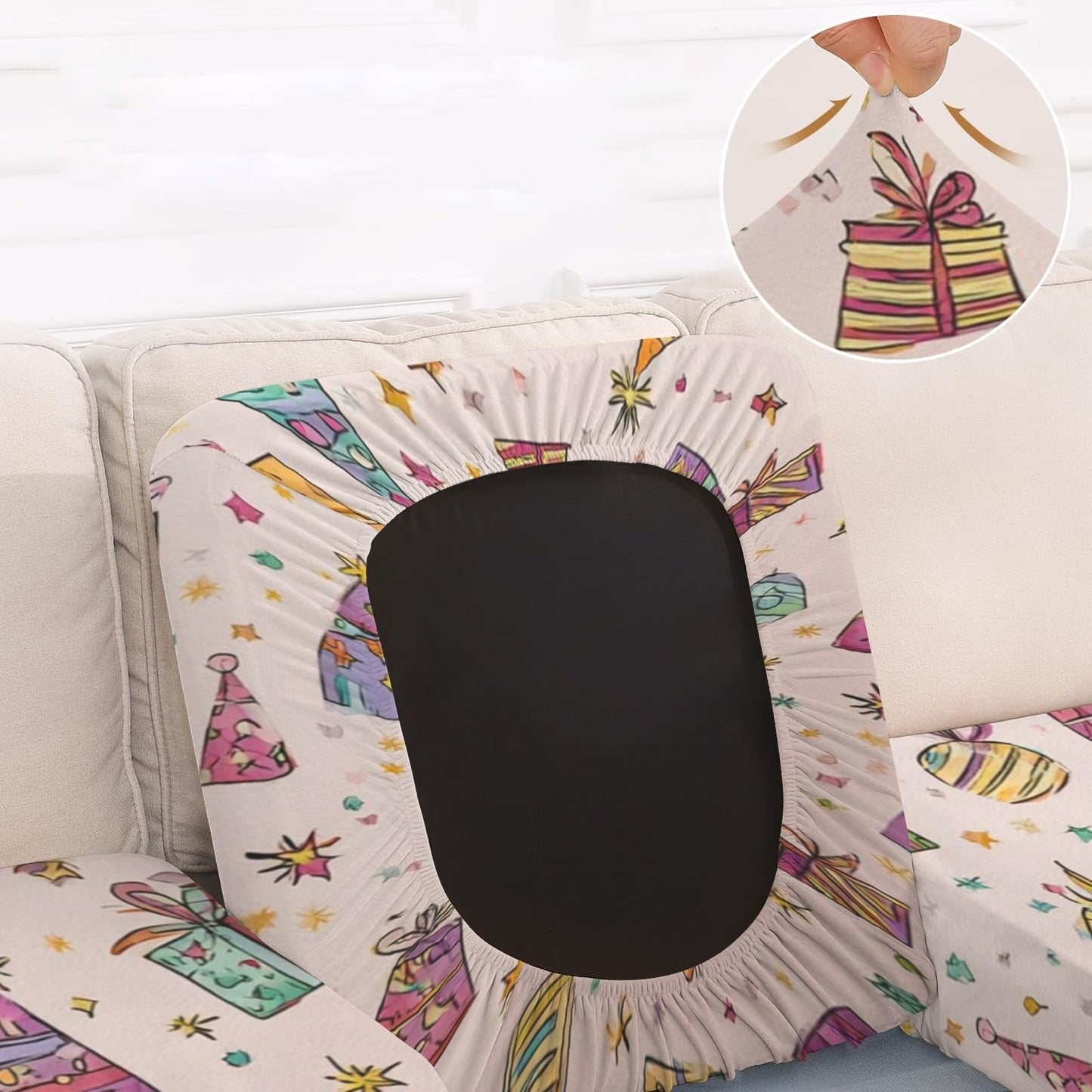 pnyoin Colorfule Gift Box Stretch Individual Seat Sofa Cushion Covers Elastic Couch Cushion Cover Slipcover Sets -4 Piece Sofa Cushion Covers