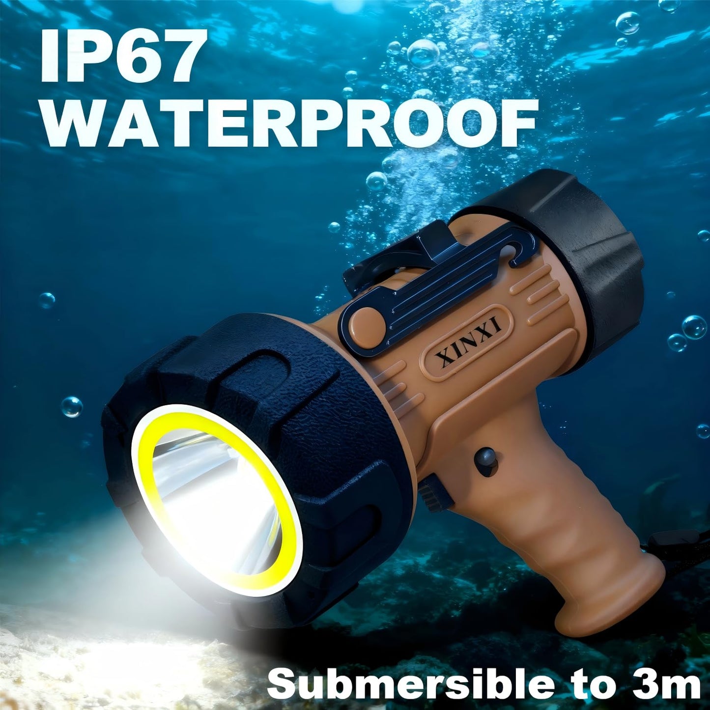 XINXI Rechargeable Spotlight 2,000,000 Lumens with COB Floodlight, IP67 Waterproof Spotlight Flashlight, Long Runtime Handheld Spot Light with Red Filter,Outdoor Spot Light for Hunting,Fishing(Brown)