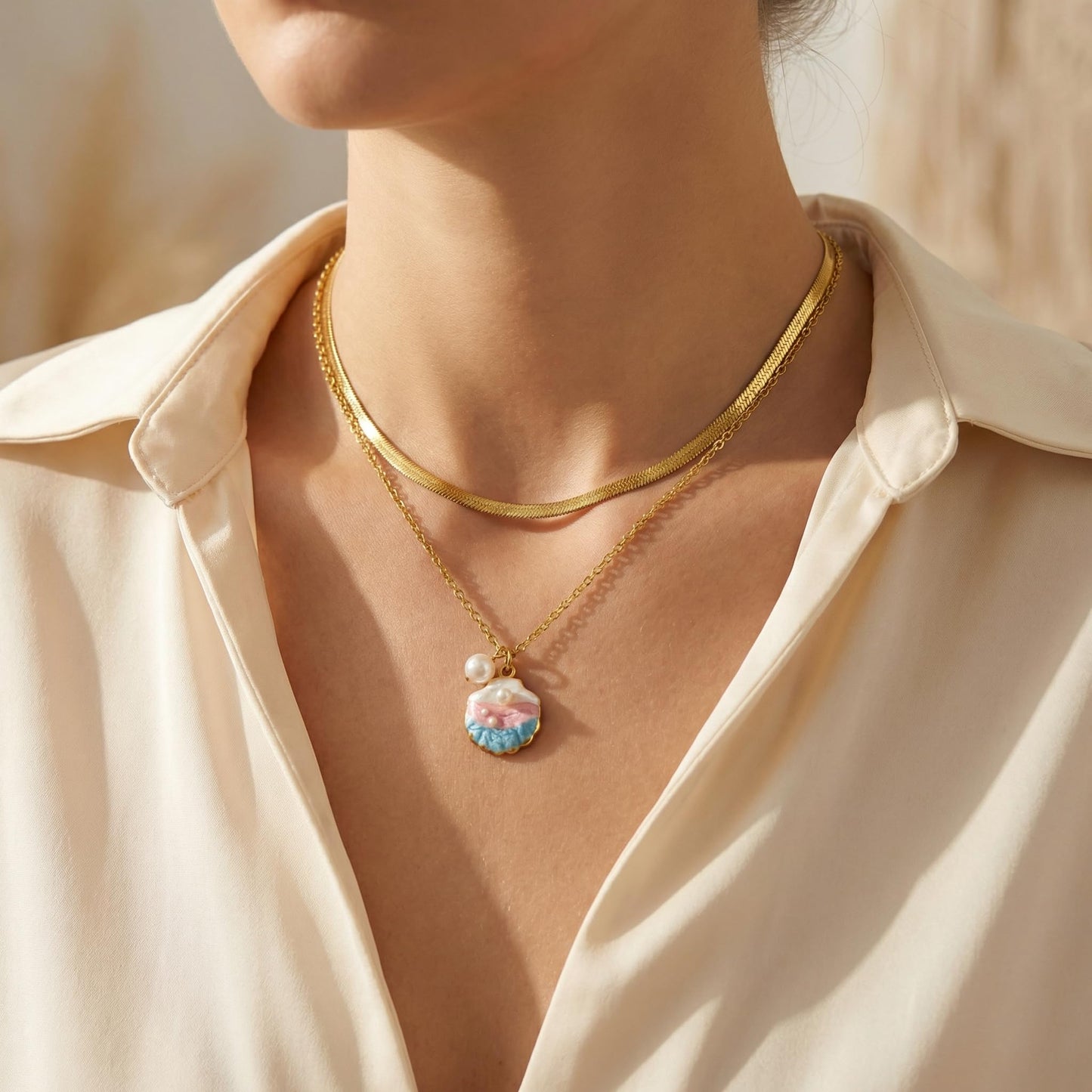 Harlermoon Gold Starfish Necklace for Women - 18K Gold Plated Stainless Steel Ocean Beach Jewelry, Sea Turtle Shell Pearl Pendant, Waterproof Non Tarnish Snake Chain Choker, Summer Vacation Mermaid Gifts (Small Shell Snake Chain)