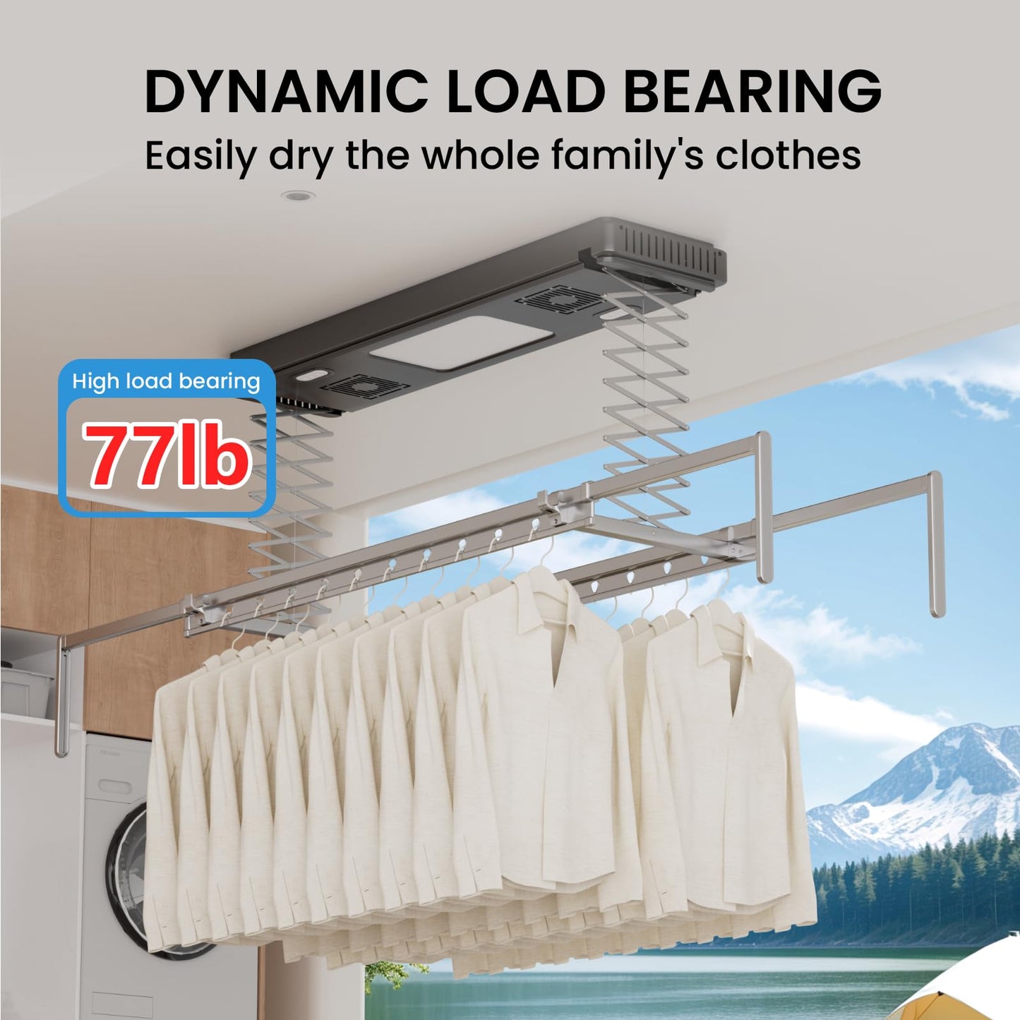 Ouayrhea Ceiling Mounted Clothes Electric Ceiling Drying Rack 110V-120V, Ceiling Clothesline with Built-in Timer Heater,withDrying/Remote and Light 24W for Laundry/Indoors/Garage