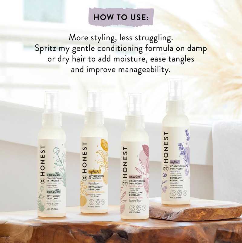 The Honest Company Fragrance-Free Conditioning Hair Detangler Tear-Free Hypoallergenic Leave-In Conditioner and Fortifying Spray for Sensitive Skin 4 fl oz