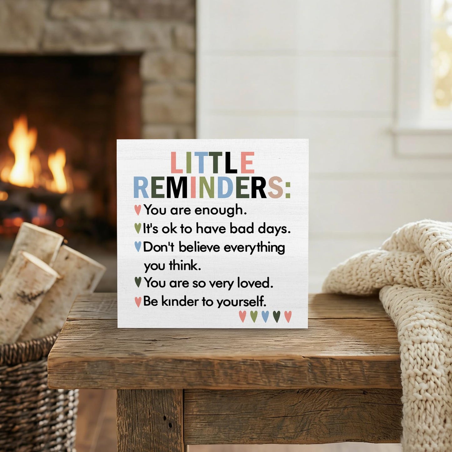 GWOKPAAI Mental Health Wooden Box Signs Desk Decor, Inspirational Desk Decor, Little Reminders Motivational Wooden Signs Desk Decorations for Therapy School Counselor Office Tabletop Shelf Wall, 5x5in