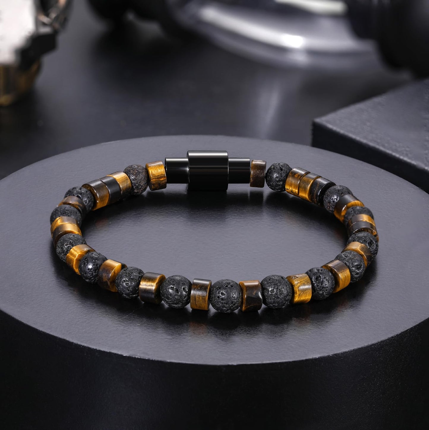 TRUMIUM Beaded Bracelets for Men Women Natural Hematite 6mm Tiger Eyes Mens Bracelet Gemstone Jewelry for Him 9 Inch Length