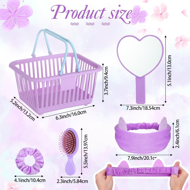 SiliFine 32 Pcs Spa Party Supplies Sleepover Party Favors with 8 Lovely Basket 8 Heart Shaped Mirror 8 Headbands 8 Satin Hair Scrunchies 8 Hair Brush for Spa Birthday Party Gift(Purple)