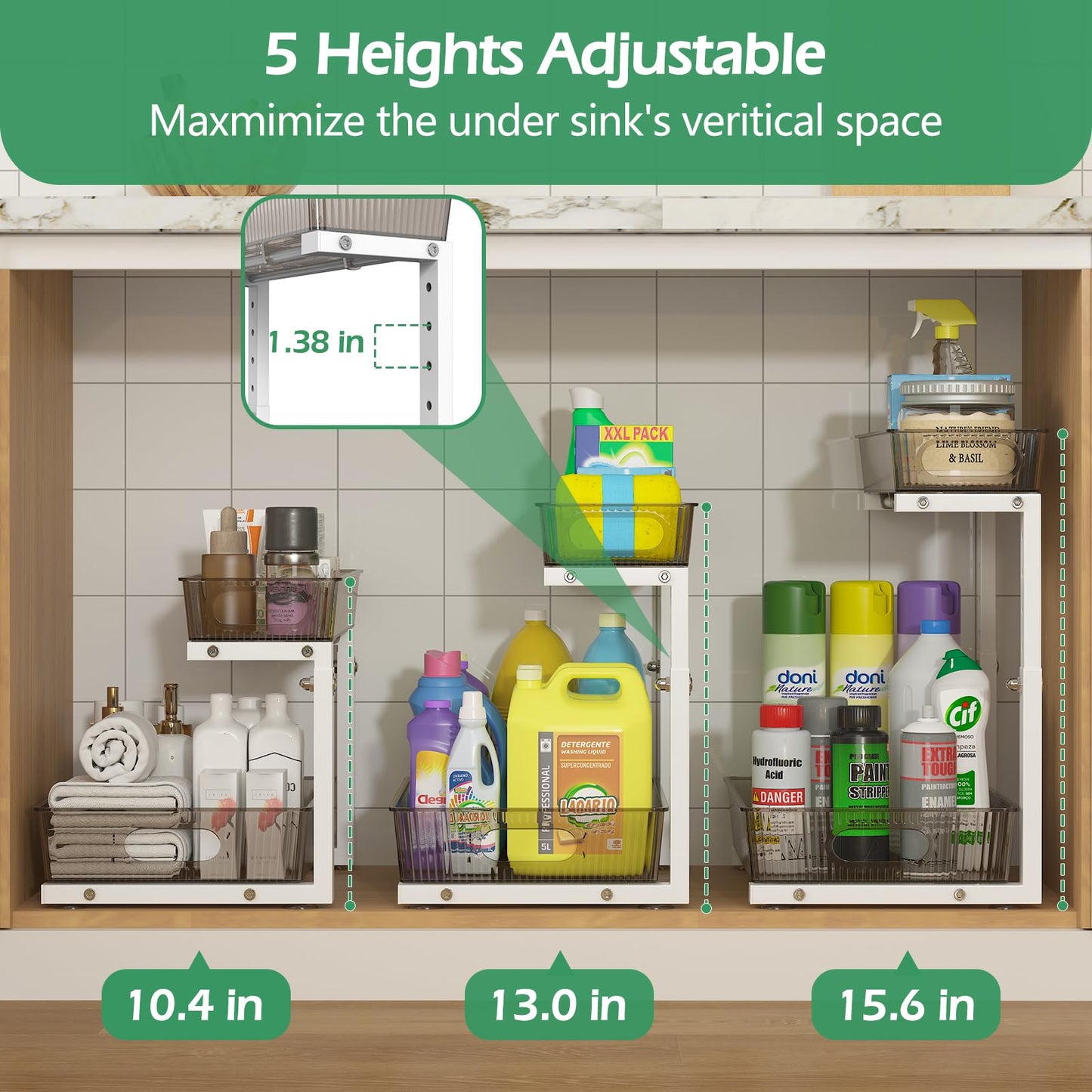 ADRIMER Under Sink Organizer 2 Packs, Pull Out Kitchen Sink Organizer, 2 Tier Slide Out Kitchen Organizers and Storage Bathroom Under Cabinet Storage Shelf, Grey & White