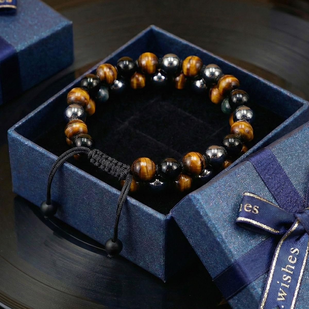 SFPJTL Triple Protection Bracelet for Men - 8mm Natural Tiger Eye Black Obsidian Hematite - Double Layer Adjustable Braided Stone Wristband - Stress Relief & Good Luck Gifts for Him Dad with Gift Box