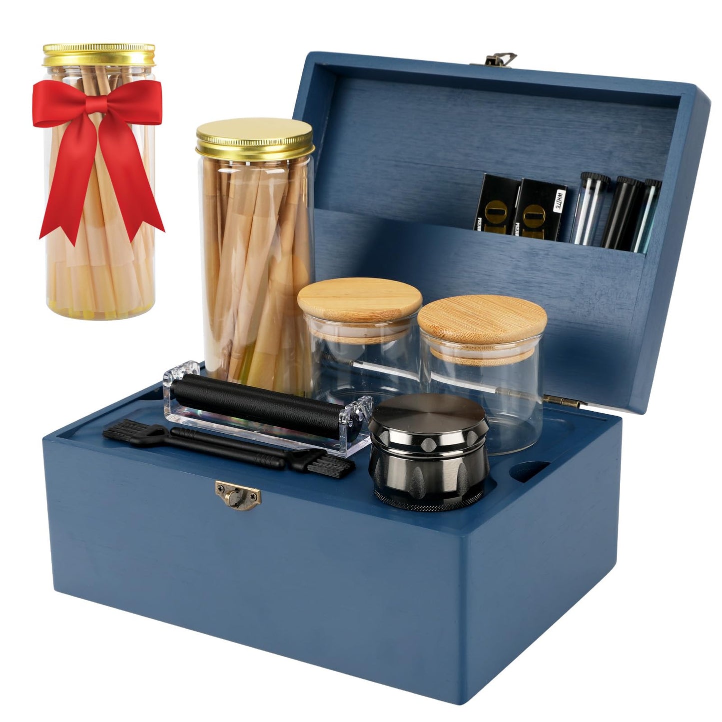 Coozyupper Large Bamboo Storage Box with Removable Tray Kit - Decorative Box Set, Glass Jars, and Accessories Wooden Storage Kit and Accessories Tool.Birthday Gifts