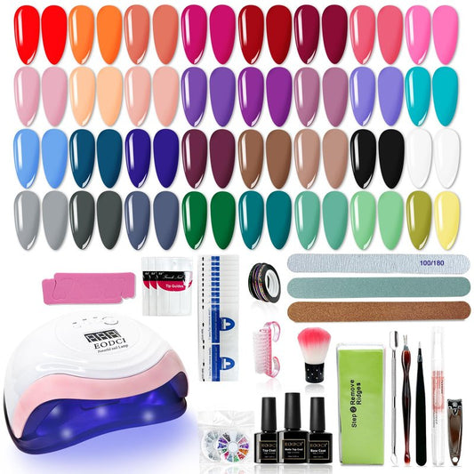 EODCI 76 PCS Gel Nail Polish Kit with U V Light, 33 Colors Gel Nail Orange Brown Red Nail Polish Set 168W Nail Lamp, No Wipe Base Top Coat & Manicure Tools Starter Kit DIY Home Salon Gifts