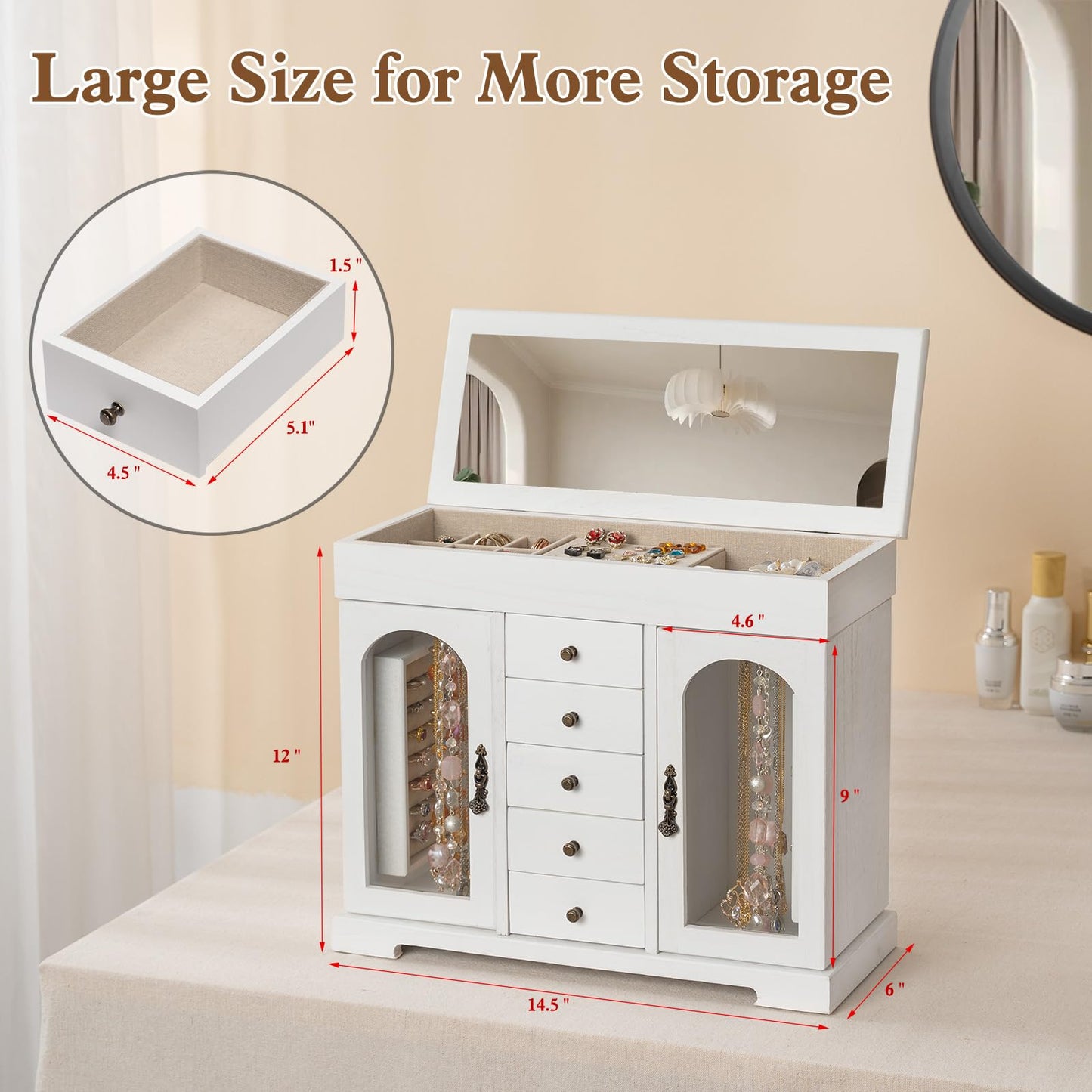 Miratino Jewelry Box for Women Girls, Wooden Jewelry Organizer Box with Mirror, 5 Layer Jewelry Storage Case Display for Necklaces Earrings Rings Bracelets Valentine's Day Gifts