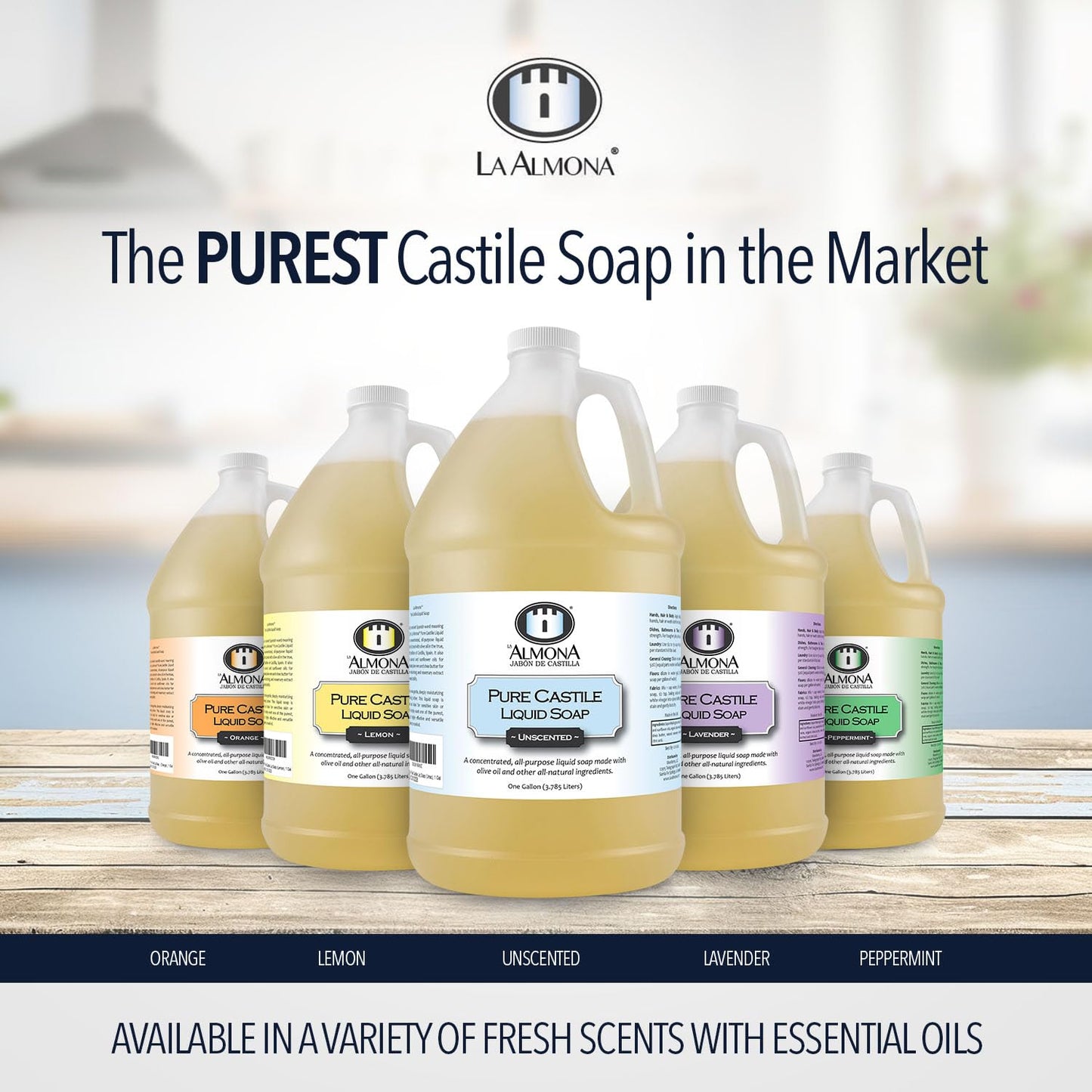 La Almona - Pure Castile Liquid Soap, UNSCENTED, 1 Gallon - Multipurpose: Hands, Face, Body, Laundry, Dishes & More - For Sensitive Skin, All-Natural Ingredients, Fragrance Free