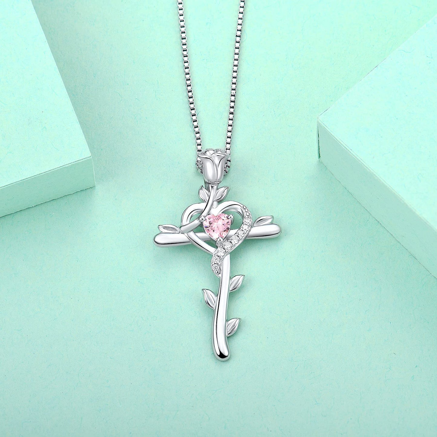 STARCHENIE Rose Cross Necklace 925 Sterling Silver Heart Crucifix Pendant Created Pink Tourmaline Jewelry for Women