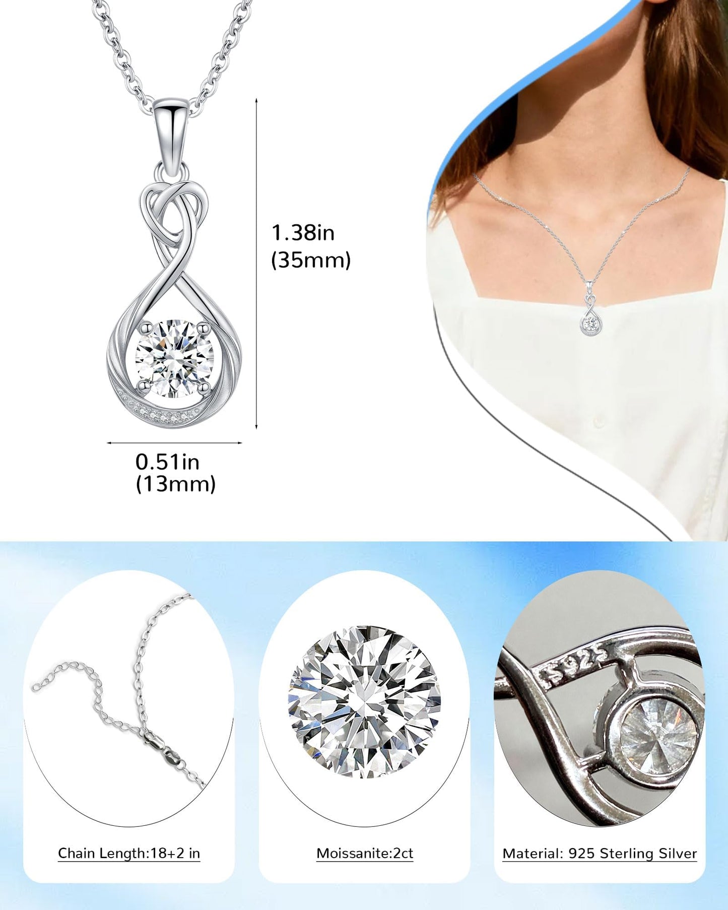 2 Carat Moissanite Necklace 925 Sterling Silver Jewelry AAAAA Cubic Zirconia Infinity Heart Pendant Necklace Best Gifts for Mom Women Girlfriend Grandma Friend Lover Her Wedding Birthday Anniversary