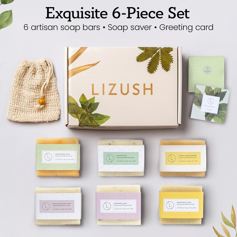 Lizush 6 Piece Soap Gift Set - Handmade in the USA Spa Gifts for Women, Luxurious Soap Bar Gift Set - Skin Care Set with Lemongrass, Grapefruit, Eucalyptus, Ylang Ylang, Lavender & Himalayan Salt