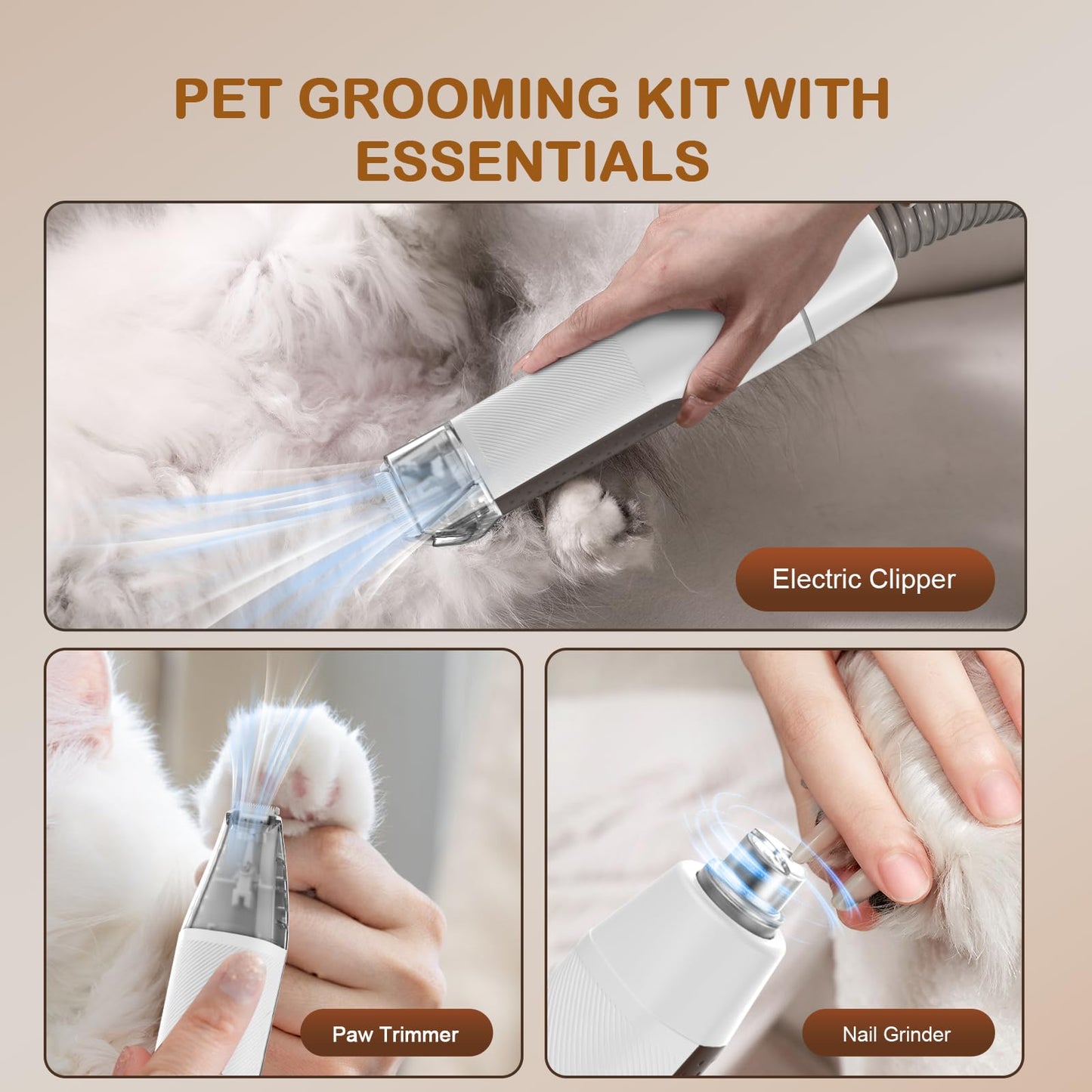 Ozumek Dog Grooming Vacuum, Dog Grooming Kit with Pet Clipper Nail Grinder, 6 Pet Grooming Tools (Caramel)