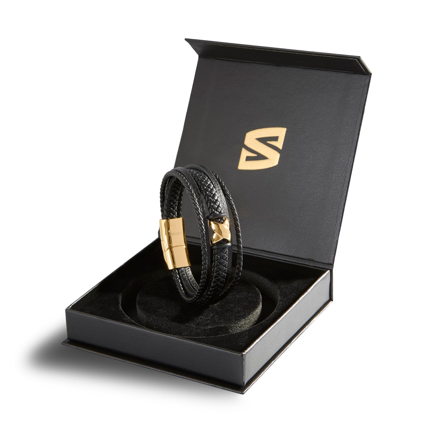 SERASAR Pulseras para hombre 23cm Oro, Caja de regalo, Piel vaca genuina trenzada, Cierre magnetico ajustable, Envoltura multicapa, Joyero, Cuerda hombre, Accesorios joyeria