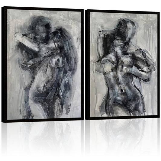 2Pcs Framed Black and White Bathroom Canvas Wall Art Abstract Nude Prints Couple Modern Gallery Style Painting Pen sketch Posters Decorations Bedroom Living Room Bathroom 12x16 Inch Ready to Hang