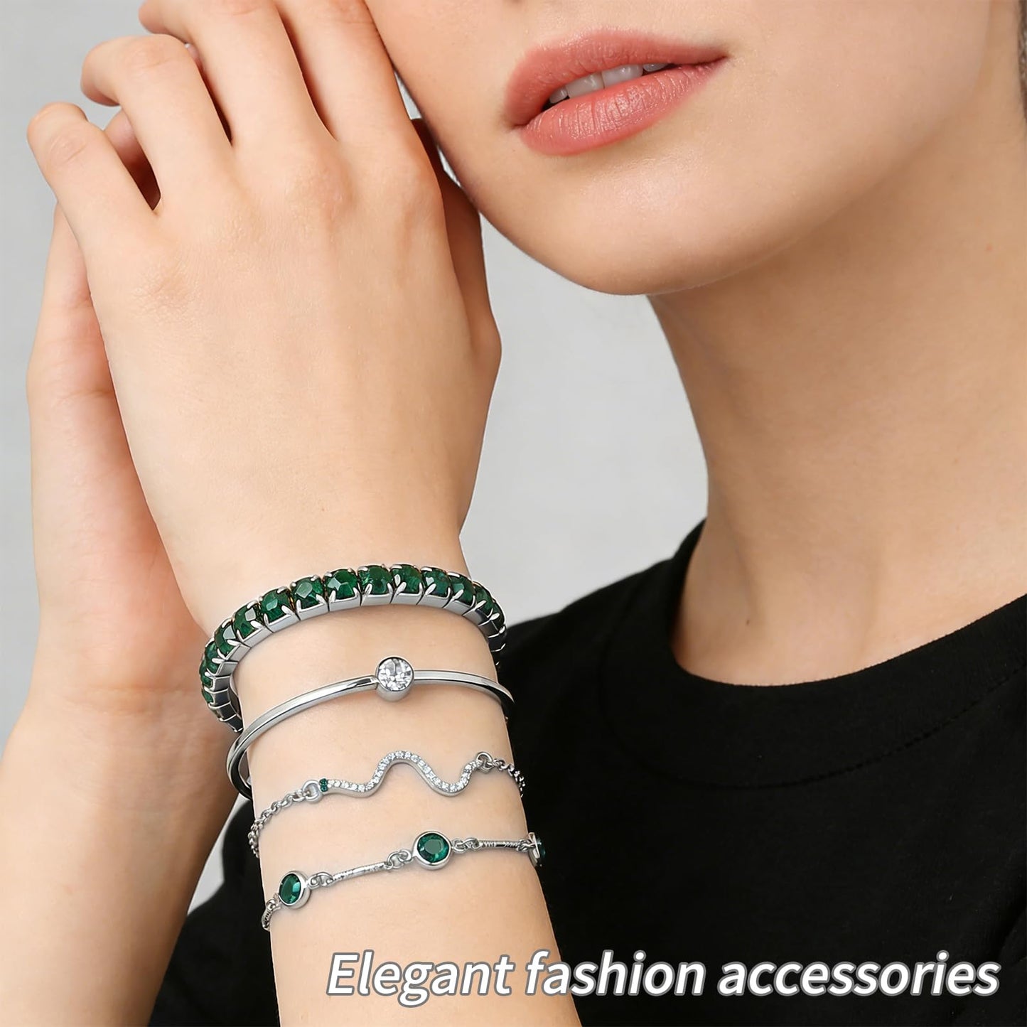 VEINARDYL Silver Birthstone Bracelets for Women, Green Birthstone Layered Jewelry Cuff Silver Plated Bangles, Open Adjustable Bracelets Fashion Accessories Jewelry Set for Mothers Day Gifts