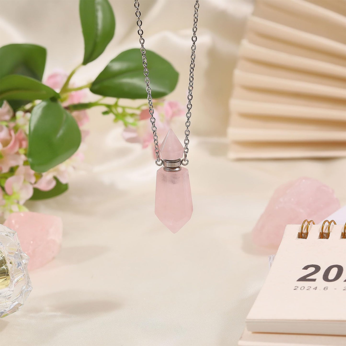 CONCHLERY Perfume Bottle Necklace Natural Stone Essential Oil Diffuser Perfume Bottle Pendant with Alloy Chain for Womens Vial Pendant Necklace Jewelry Unique Gift, Pink