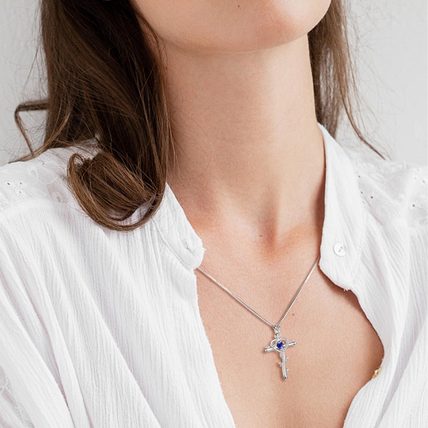 STARCHENIE Rose Cross Necklace 925 Sterling Silver Heart Crucifix Pendant Created Tanzanite Jewelry for Women