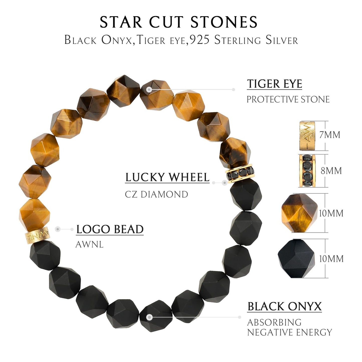 AWNL Men's 10mm Beaded Bracelet for Men with Brown Tiger Eye and Black Onyx Bracelet Energy Healing Double Protection Chakra Bracelet with Lucky Wheel Charms